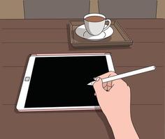 A hand holding a digital pen and writing something on the tablet. hand drawn style vector design illustrations.