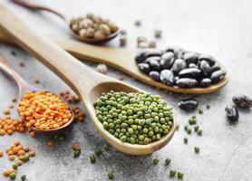 Spoons with different types of legumes photo