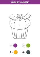 colorear cupcake de murciélago de halloween lindo por números. juego de matematicas. vector