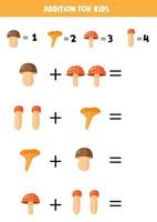 Addition with different mushrooms. Math game for kids. vector