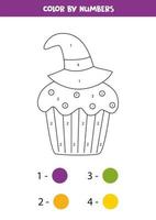 Coloring cute Halloween cupcake by numbers. Math game. vector