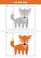 Cut and glue game with cute fox. vector