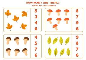 Counting game for kids with autumn leaves and mushrooms. vector