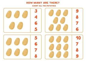 Counting game with cartoon potatoes. Math worksheet. vector