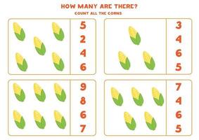Counting game with cartoon corncobs. Math worksheet. vector