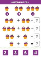 Addition math game with cute cartoon Halloween cupcake. vector