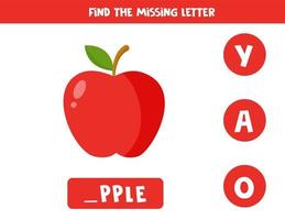 Find missing letter and write it down. Cute cartoon red apple. vector