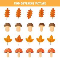 Find different mushroom and leaf in each row, vector