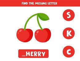 Find missing letter with cute cartoon cherry. vector