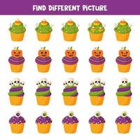 Encuentra diferentes cupcakes de halloween en cada fila. vector