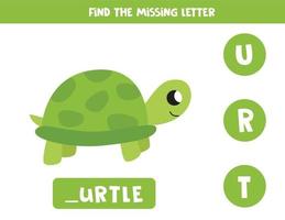 Find missing letter and write it down. Cute cartoon turtle. vector