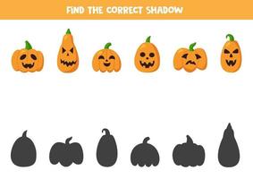 encuentra las sombras correctas de las calabazas de halloween. juego de lógica. vector