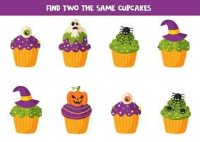 encuentra dos dulces muffins de Halloween iguales. vector