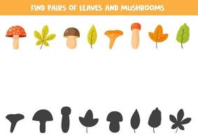 Matching pairs game with autumn leaves and mushrooms. vector