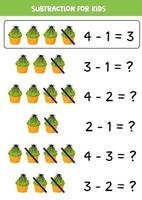 Subtraction with green Halloween spider muffin. Game for kids. vector