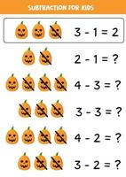Subtraction with spooky Halloween pumpkins. Game for kids. vector