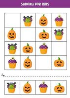 Sudoku logical game with Halloween cupcakes and pumpkins. vector