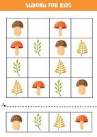 Sudoku puzzle for kids. Set of autumn leaves and mushrooms. vector