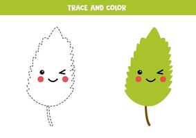 Trace and color kawaii smiling green leaf. vector