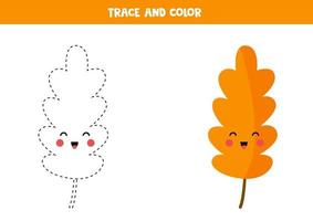 Tracing and coloring book with kawaii leaf for kids. vector