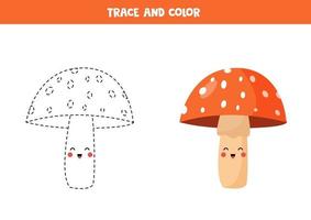 Tracing lines with cute kawaii amanita mushroom. Coloring page for kids. vector