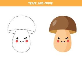 Tracing lines with cute kawaii boletus. Coloring page for kids. vector