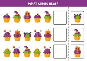 What comes next with cartoon Halloween cupcakes. vector