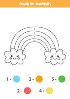 Color cute rainbow with clouds by numbers. Worksheet for kids. vector