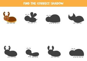 Find the correct shadow of cute stag bug. Logical puzzle for kids. vector