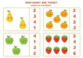 Count the amount of cute kawaii fruits. vector