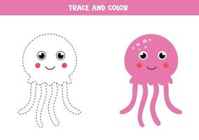 Tracing and coloring cute pink jelly fish. vector