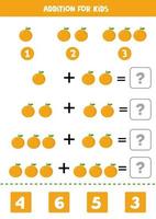 Addition with cartoon oranges. Math game for kids. vector