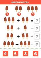 Addition with cute cartoon ice cream. Math game. vector