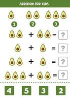 Addition with cute cartoon avocado. Math game. vector