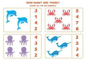 Math game with cartoon sea animals. Count and circle the right answer. vector