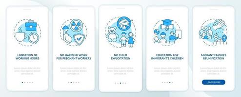 Migrant workers rights blue onboarding mobile app page screen with concepts vector