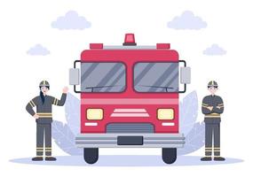 Bomberos con camiones de bomberos domésticos, ayudando a personas y animales, utilizando equipos de rescate en diversas situaciones. ilustración vectorial vector