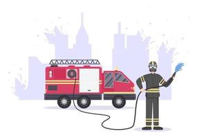 Bomberos con camiones de bomberos domésticos, ayudando a personas y animales, utilizando equipos de rescate en diversas situaciones. ilustración vectorial vector