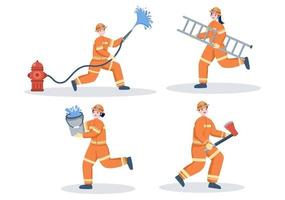 Firefighters With House Fire Engines, Helping People and Animal, Using Rescue Equipment in Various Situations. Vector Illustration