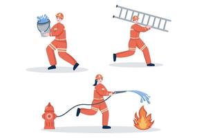 Bomberos con camiones de bomberos domésticos, ayudando a personas y animales, utilizando equipos de rescate en diversas situaciones. ilustración vectorial vector