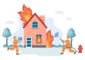 Firefighters With House Fire Engines, Helping People and Animal, Using Rescue Equipment in Various Situations. Vector Illustration