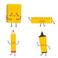 Set of cute kawaii stationery. Vector notebook, pencil, highlighter, ruler.