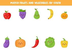 Color matching game with cute kawaii fruits and vegetables. vector