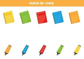 juego de clasificación de colores para niños. Cuadernos y resaltadores a juego. vector