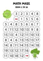 Math game from 1 to 16. Cute kawaii cabbage goes to the kawaii broccoli. vector