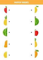 Match halves of cute cartoon fruits. Game for children. vector