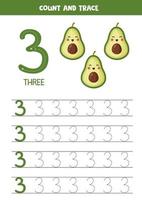 Worksheet for learning numbers with cute kawaii avocados. Number three. vector