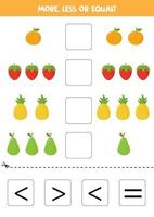 More, less, or equal with cute cartoon fruits. vector