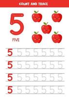 Worksheet for learning numbers with cute apples. Number 5. vector