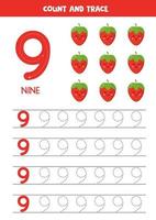 Worksheet for learning numbers with cute kawaii strawberries. Number nine. vector